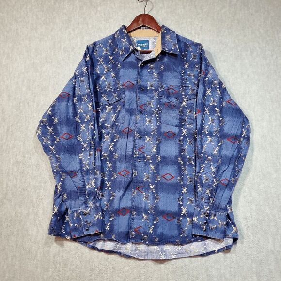 Wrangler Shirt Men Blue Aztec Print Cowboy Western Collar Pearl Snap Button Down - Picture 1 of 9